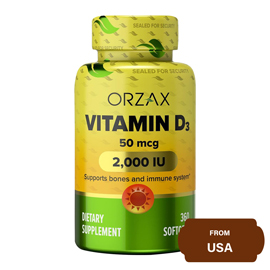 ORZAX Vitamin D3 2000 IU (50 mcg) for Strong Muscle Function and Immune Support, Mood Supplement for Wellness-360 Softgels